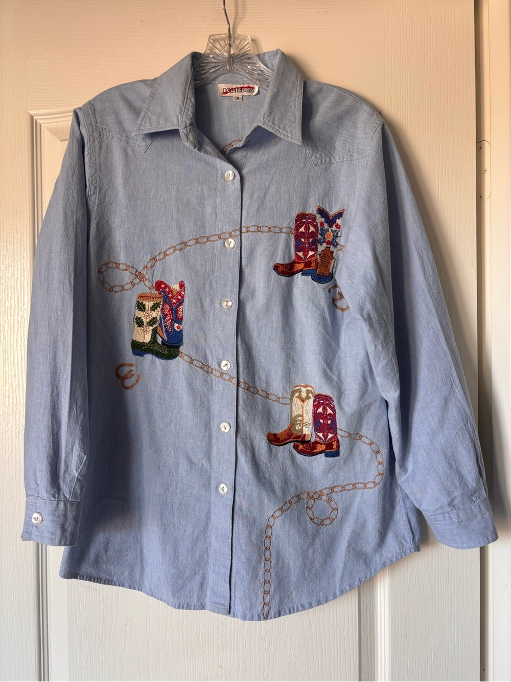 Western denim shirt with embroidery cowboy boots women’s small vintage Kaktus